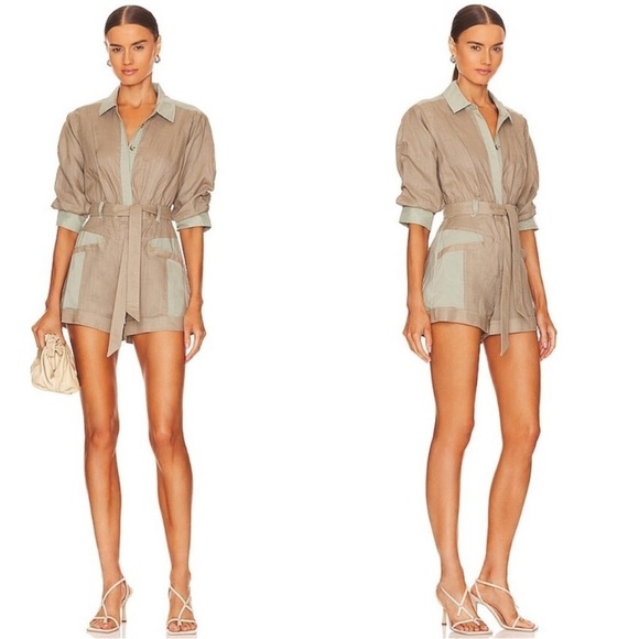 Jonathan Simkhai Aliza Poplin-Trimmed Belted Linen Playsuit Romper - Picture 1 of 16